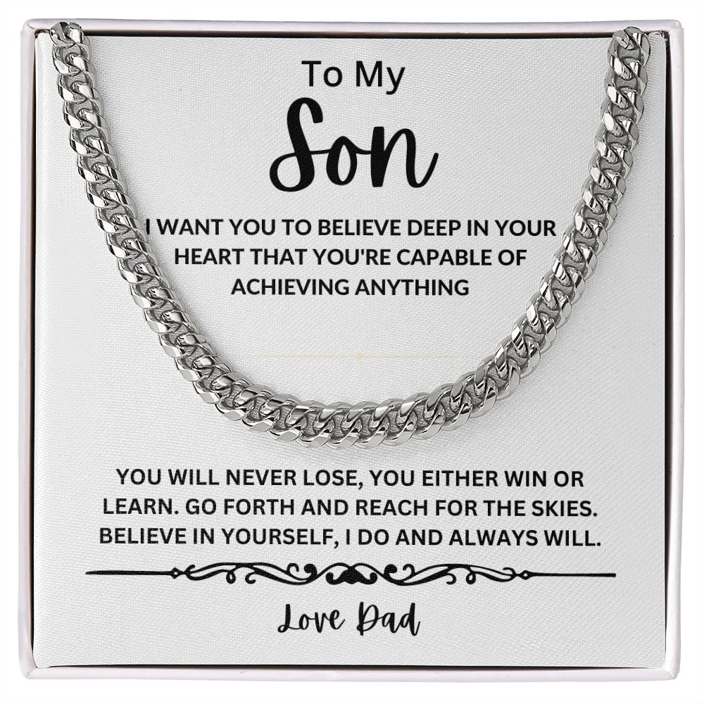 TO MY SON MESSAGE CARD AND CUBAN LINK NECKLACE