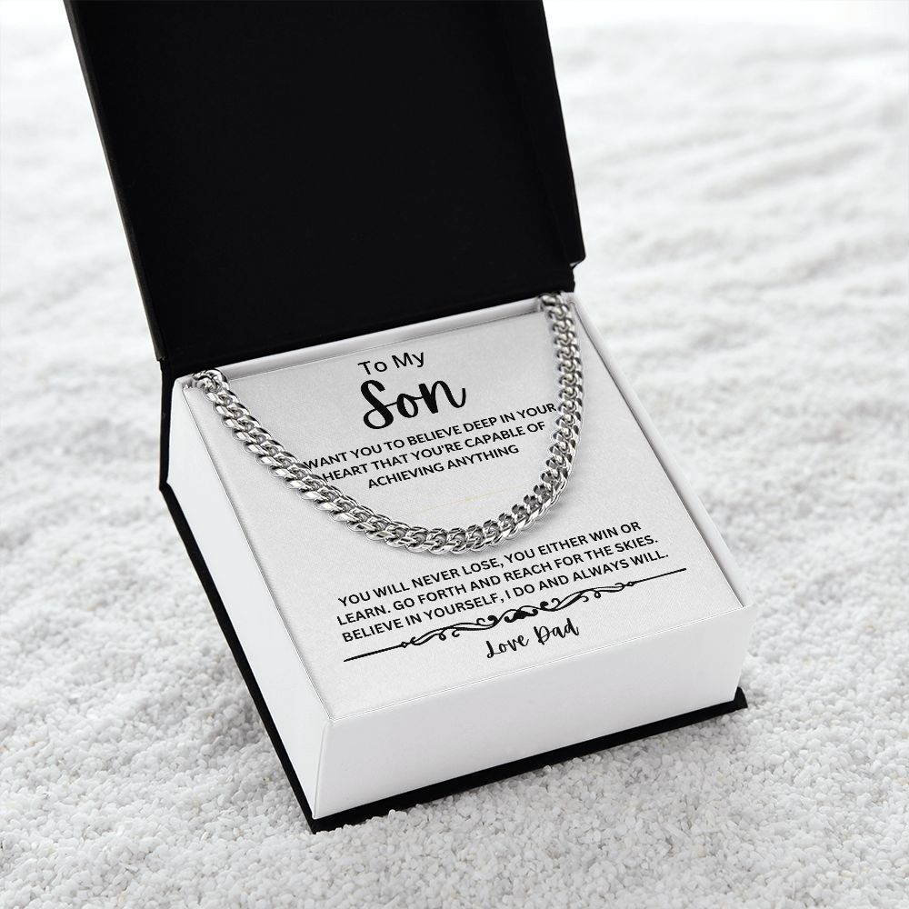TO MY SON MESSAGE CARD AND CUBAN LINK NECKLACE