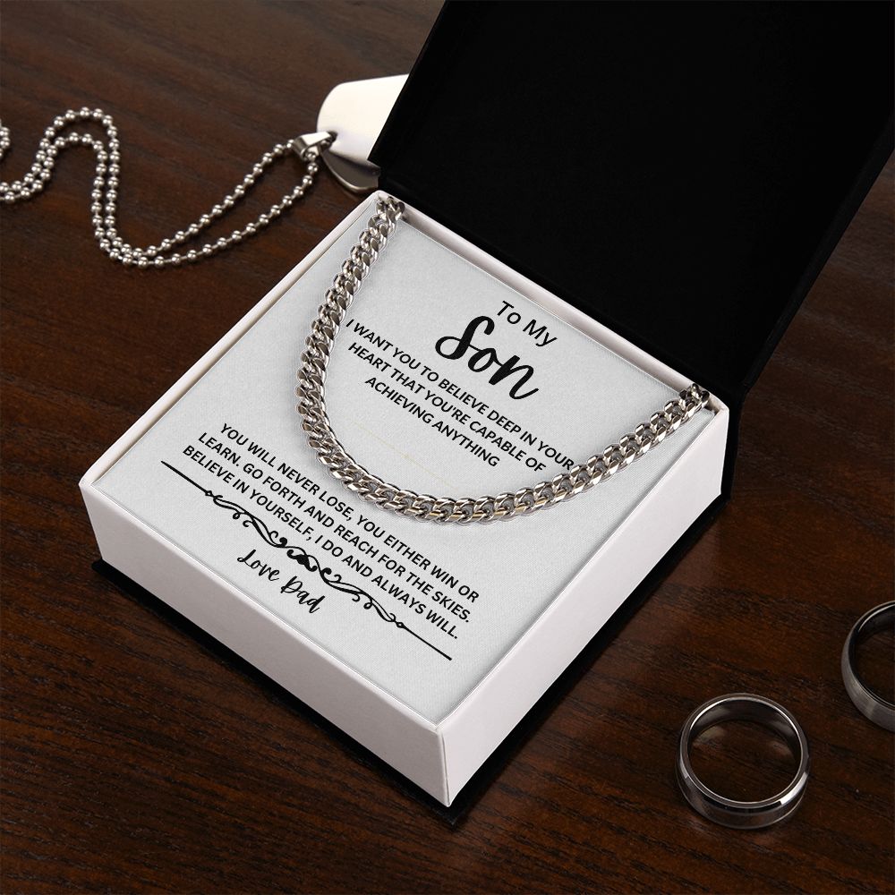 TO MY SON MESSAGE CARD AND CUBAN LINK NECKLACE
