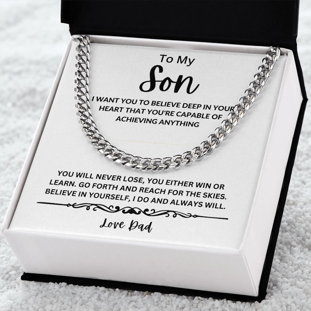 TO MY SON MESSAGE CARD AND CUBAN LINK NECKLACE
