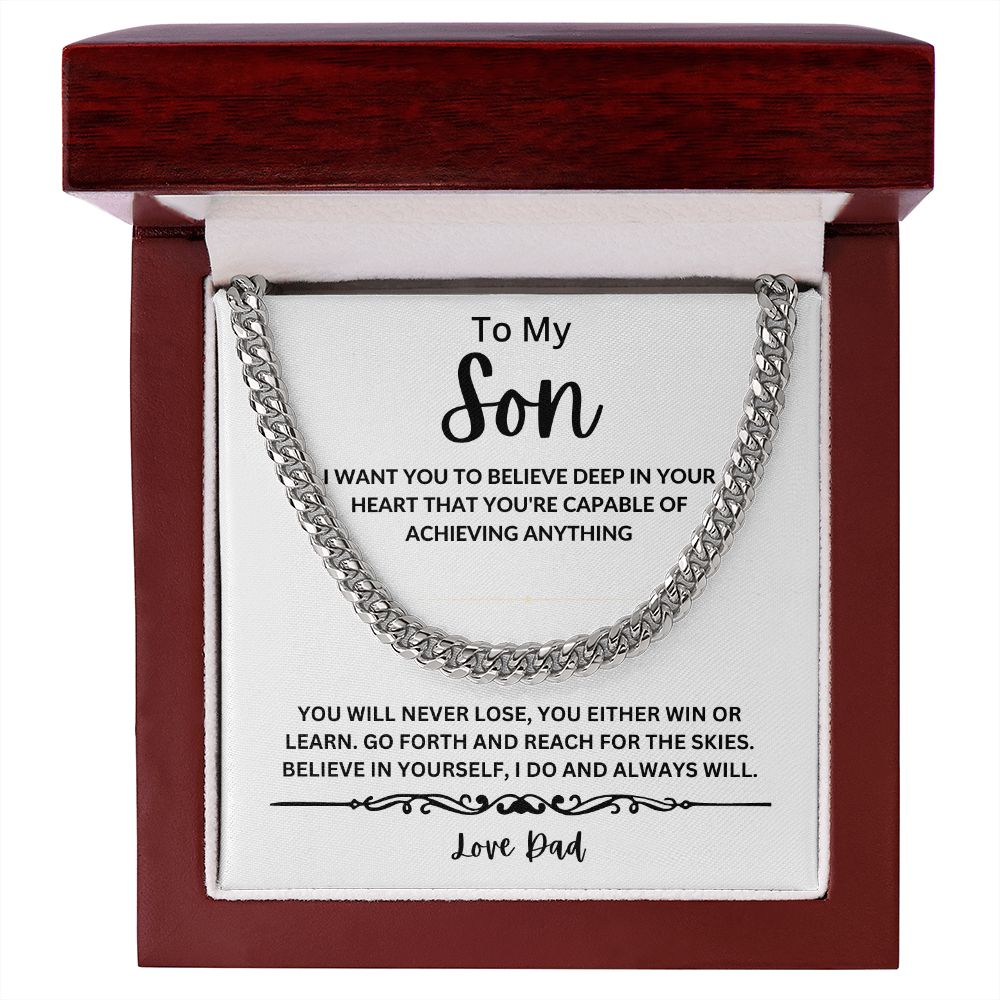 TO MY SON MESSAGE CARD AND CUBAN LINK NECKLACE